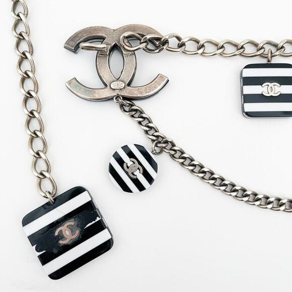 CHANEL 2005 CC Chain Belt Necklace Black and White Stripe Resin Charms Logo - Picture 13 of 16
